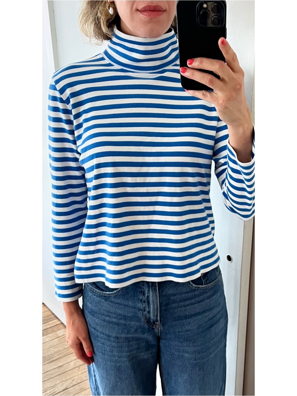 Lands’ End Blue White Breton Stripe Turtleneck 100% Cotton Medium